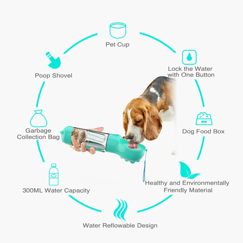 3-in-1 Portable Pet Water Bottle – Feeder Bowl & Waste Bag Storage for Outdoor Travel