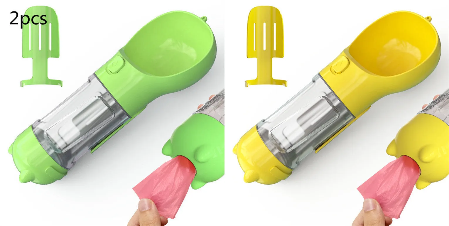 3-in-1 Portable Pet Water Bottle – Feeder Bowl & Waste Bag Storage for Outdoor Travel