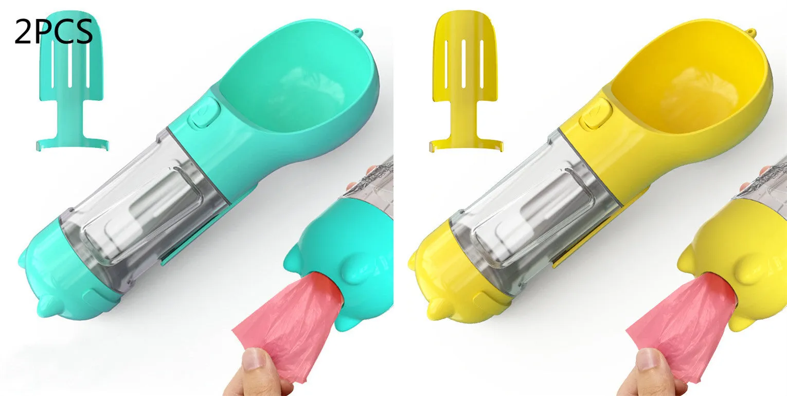 3-in-1 Portable Pet Water Bottle – Feeder Bowl & Waste Bag Storage for Outdoor Travel