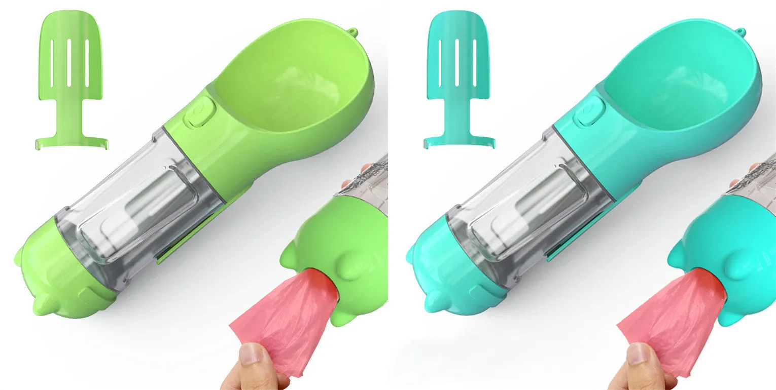 3-in-1 Portable Pet Water Bottle – Feeder Bowl & Waste Bag Storage for Outdoor Travel