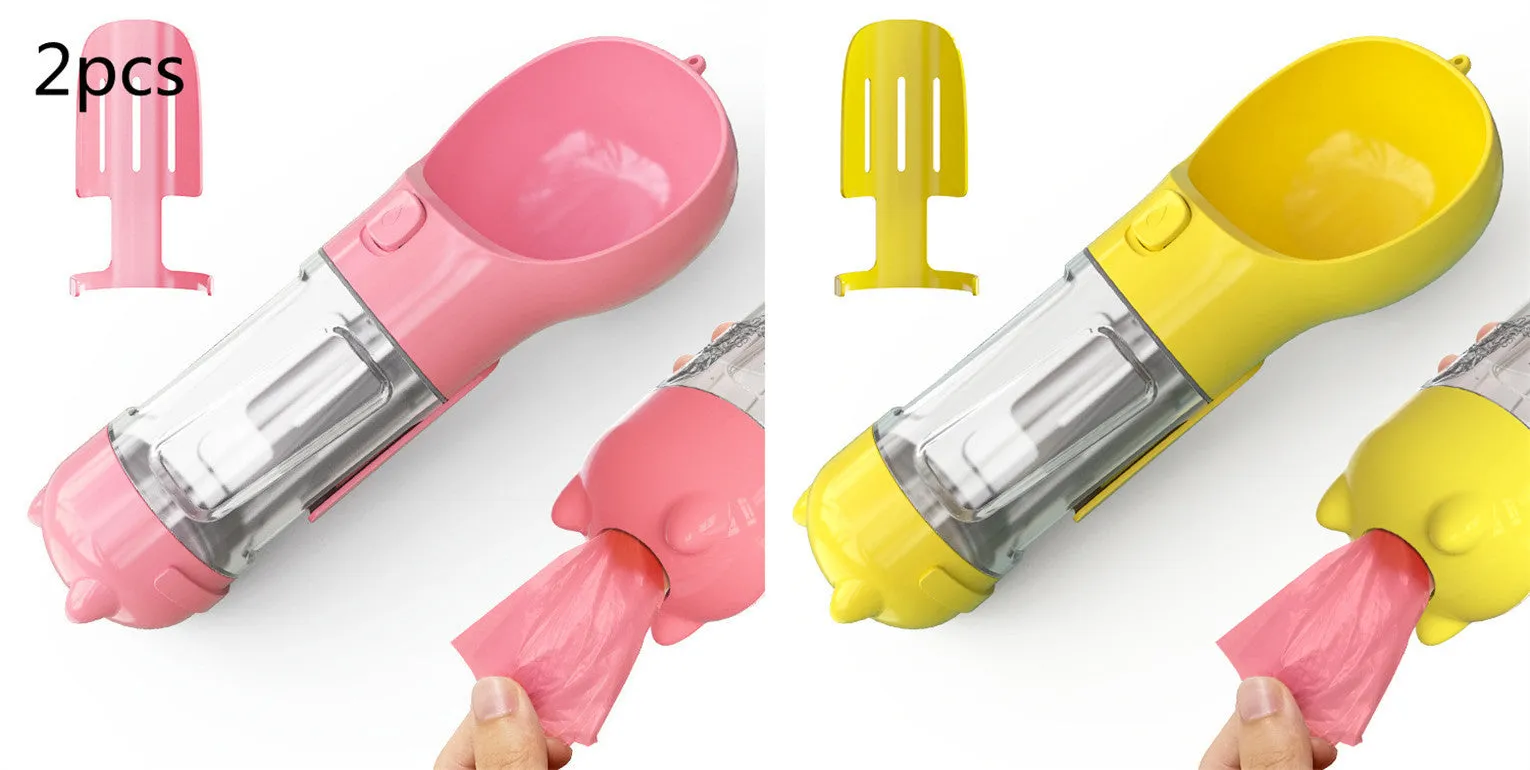 3-in-1 Portable Pet Water Bottle – Feeder Bowl & Waste Bag Storage for Outdoor Travel