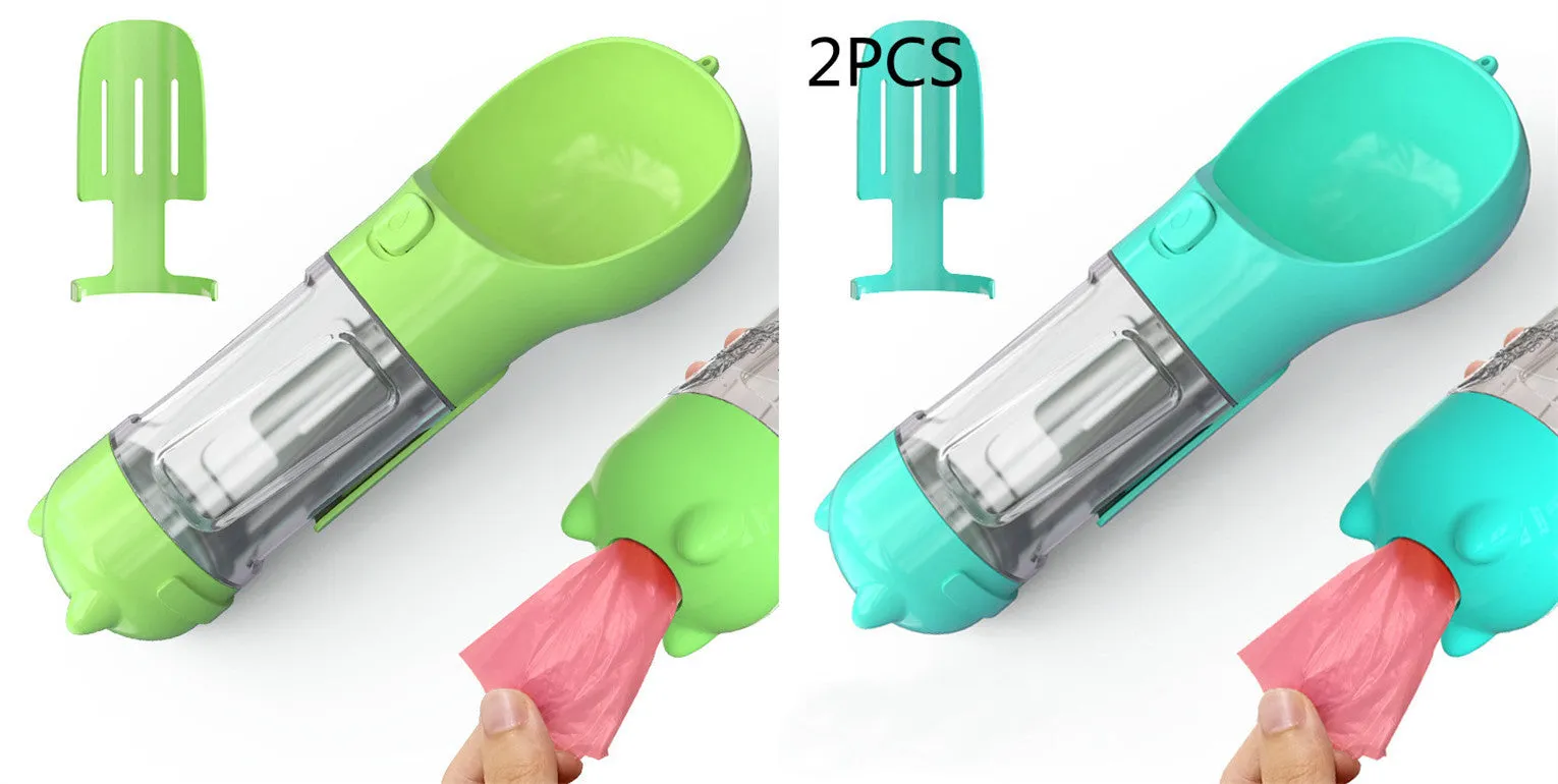 3-in-1 Portable Pet Water Bottle – Feeder Bowl & Waste Bag Storage for Outdoor Travel