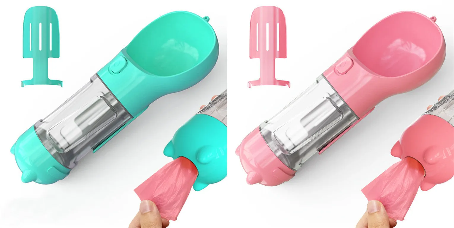 3-in-1 Portable Pet Water Bottle – Feeder Bowl & Waste Bag Storage for Outdoor Travel