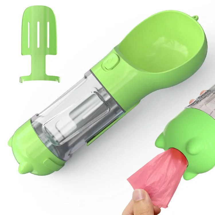 3-in-1 Portable Pet Water Bottle – Feeder Bowl & Waste Bag Storage for Outdoor Travel