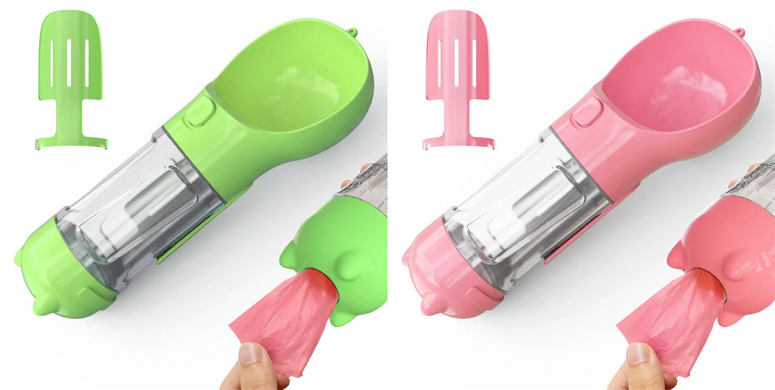 3-in-1 Portable Pet Water Bottle – Feeder Bowl & Waste Bag Storage for Outdoor Travel