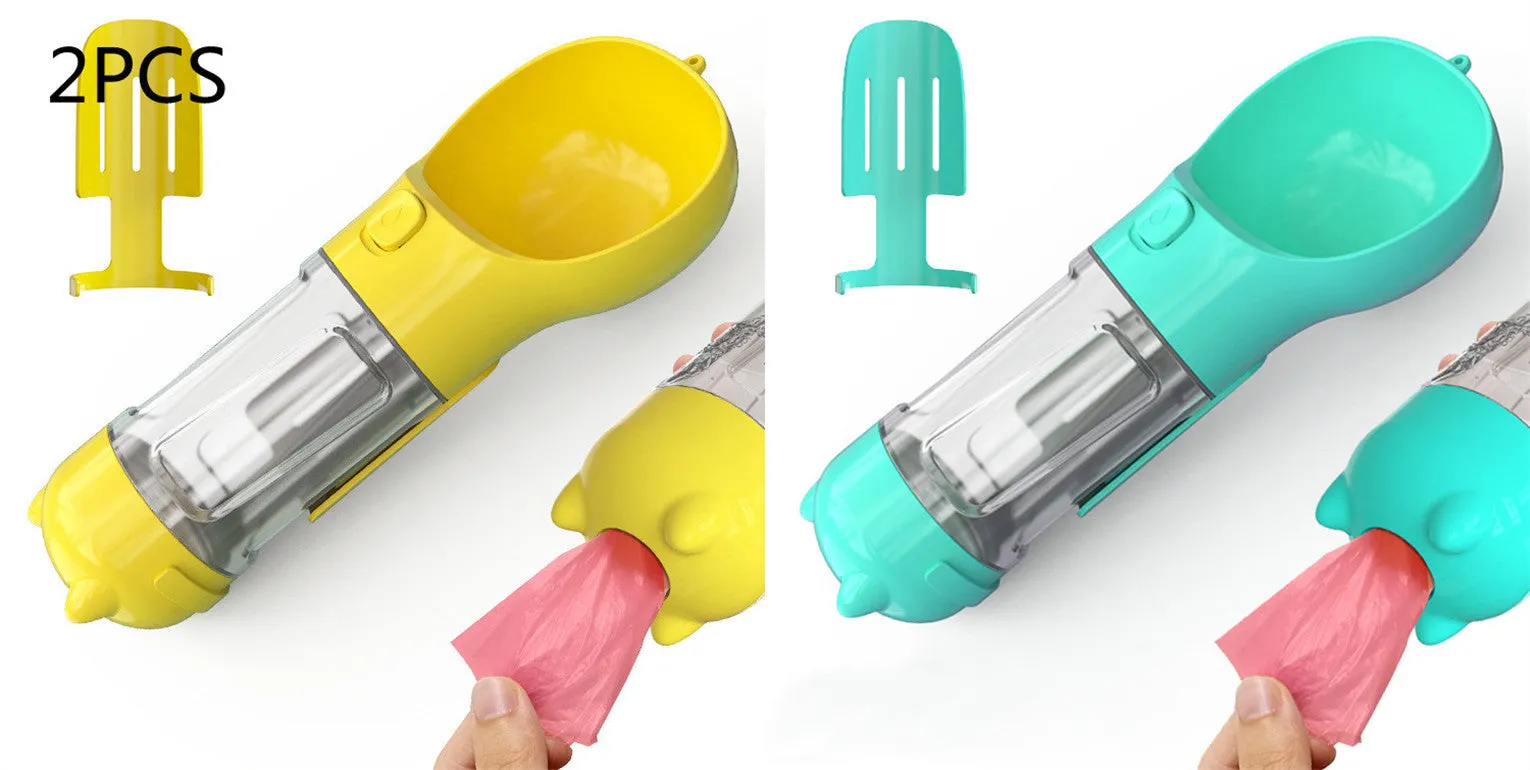 3-in-1 Portable Pet Water Bottle – Feeder Bowl & Waste Bag Storage for Outdoor Travel