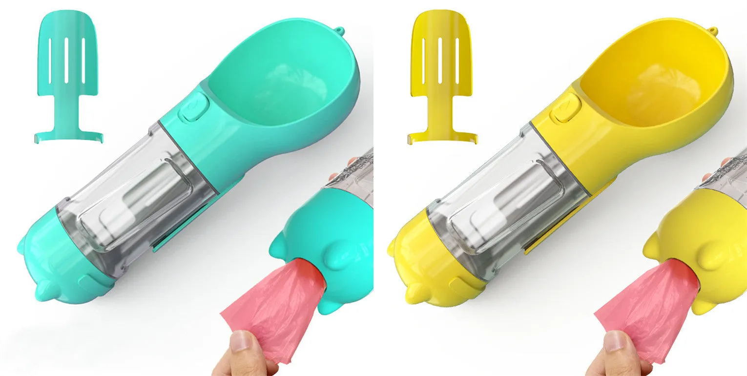 3-in-1 Portable Pet Water Bottle – Feeder Bowl & Waste Bag Storage for Outdoor Travel