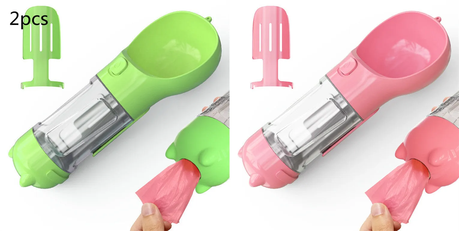 3-in-1 Portable Pet Water Bottle – Feeder Bowl & Waste Bag Storage for Outdoor Travel