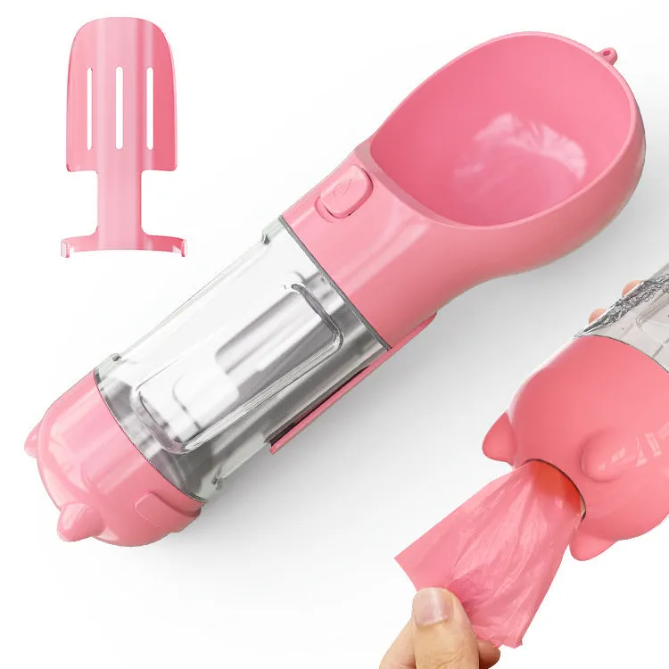 3-in-1 Portable Pet Water Bottle – Feeder Bowl & Waste Bag Storage for Outdoor Travel