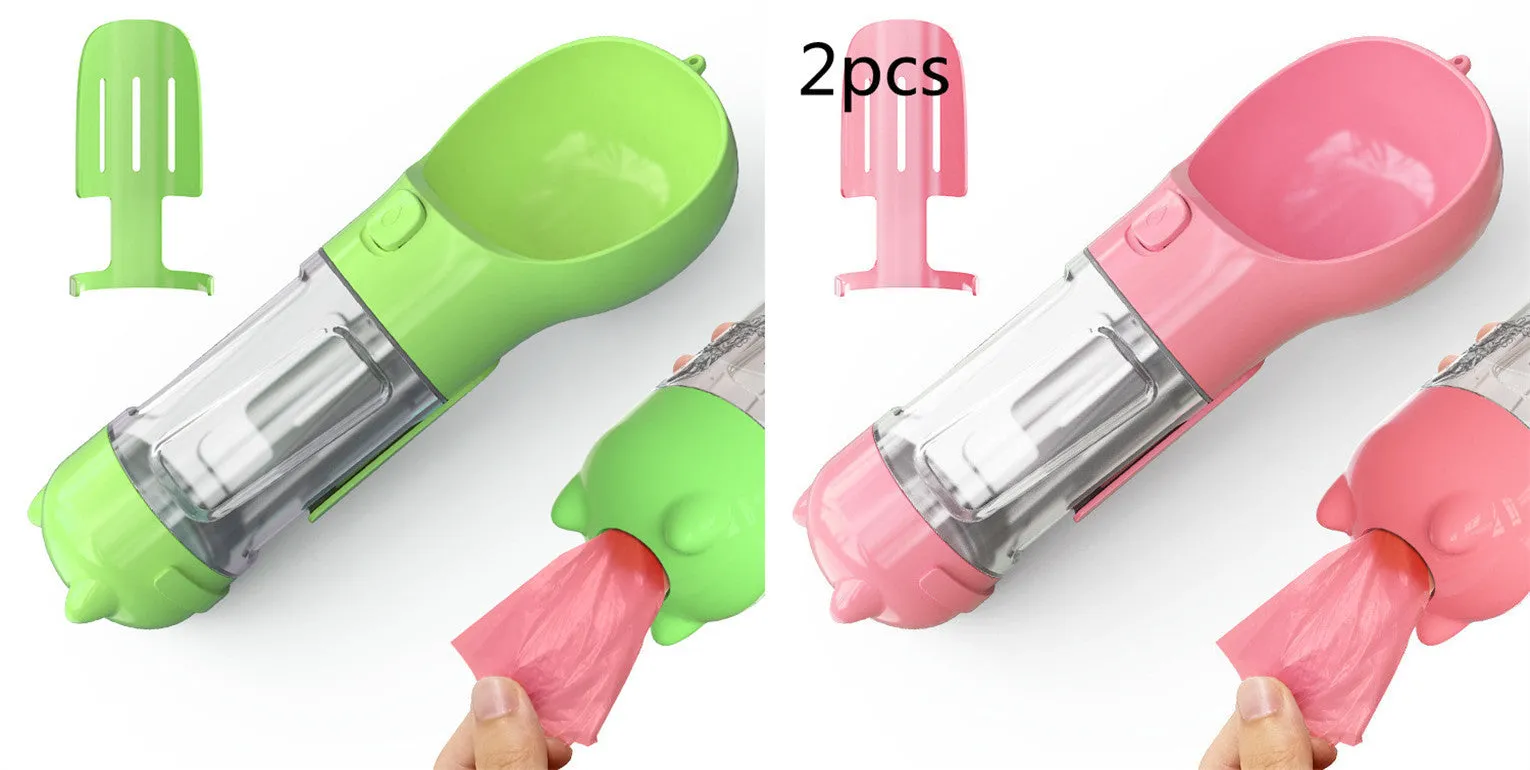 3-in-1 Portable Pet Water Bottle – Feeder Bowl & Waste Bag Storage for Outdoor Travel