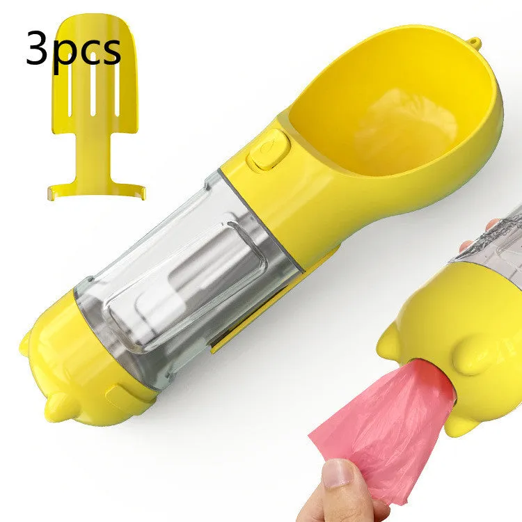 3-in-1 Portable Pet Water Bottle – Feeder Bowl & Waste Bag Storage for Outdoor Travel