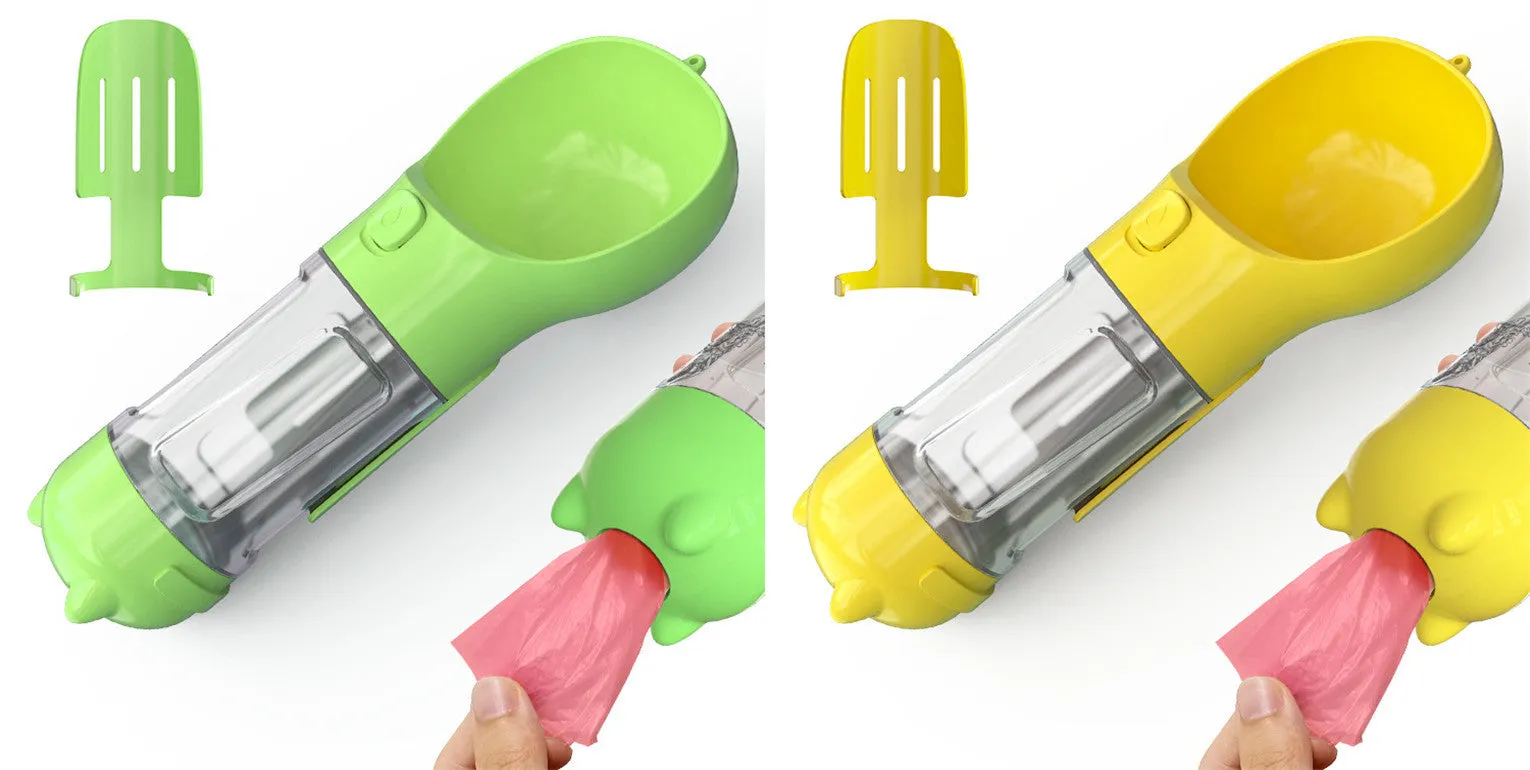 3-in-1 Portable Pet Water Bottle – Feeder Bowl & Waste Bag Storage for Outdoor Travel