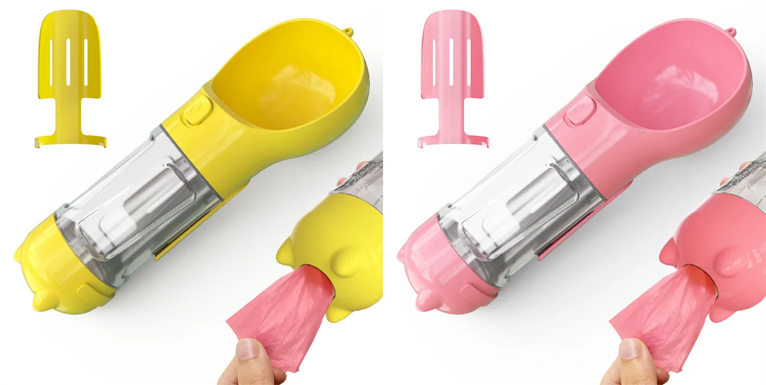 3-in-1 Portable Pet Water Bottle – Feeder Bowl & Waste Bag Storage for Outdoor Travel