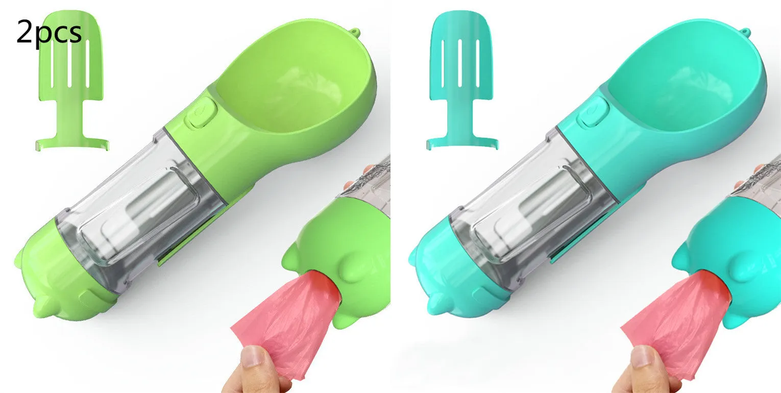 3-in-1 Portable Pet Water Bottle – Feeder Bowl & Waste Bag Storage for Outdoor Travel
