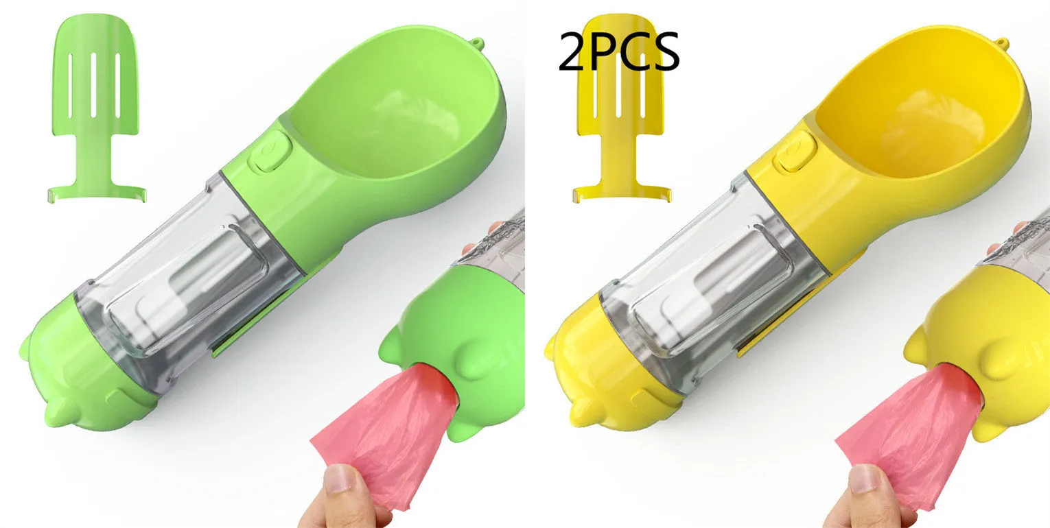 3-in-1 Portable Pet Water Bottle – Feeder Bowl & Waste Bag Storage for Outdoor Travel